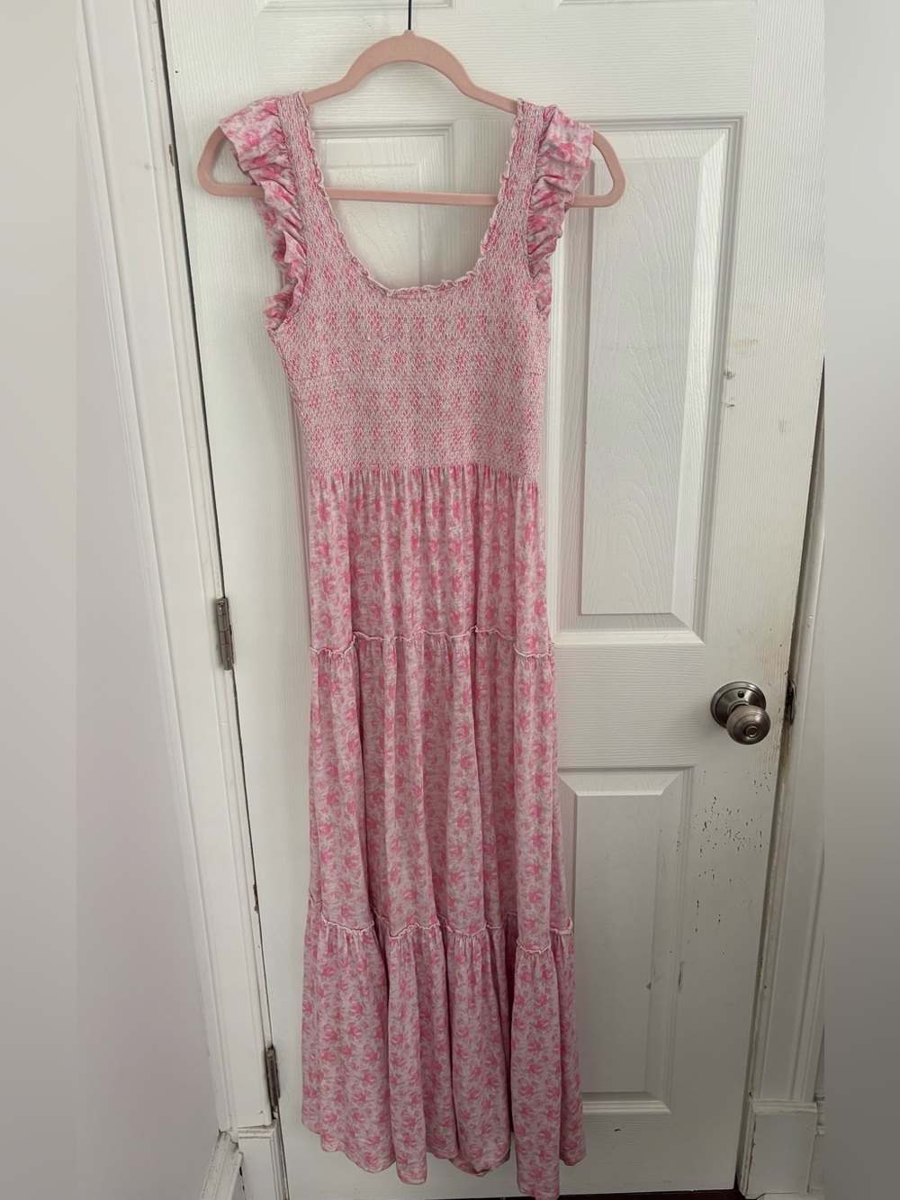 LoveShackFancy Pink Smocked Knit Top with Ruffle Trim